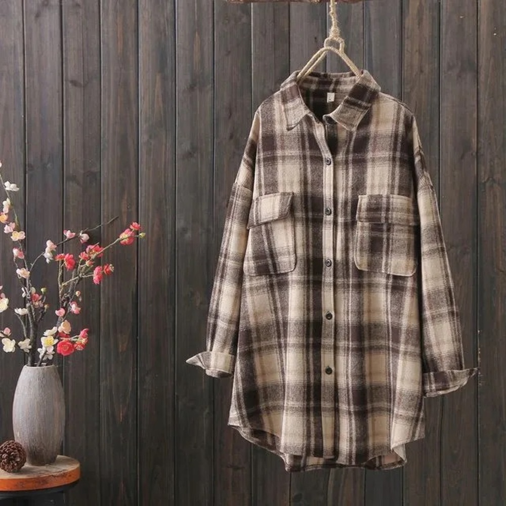brown checkered shacket / flannel